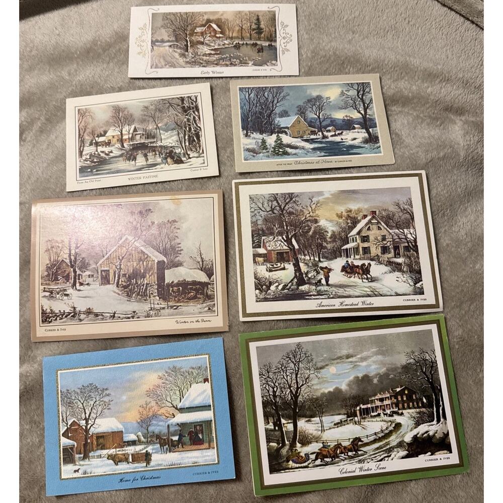 Vintage Used Lot Of Seven Currier And Ives Christmas Greeting Cards